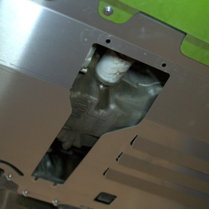 Honda Jazz GE underbody showing an Aerocutt aluminium skid plate installed with the provision for oil and filter change while installed