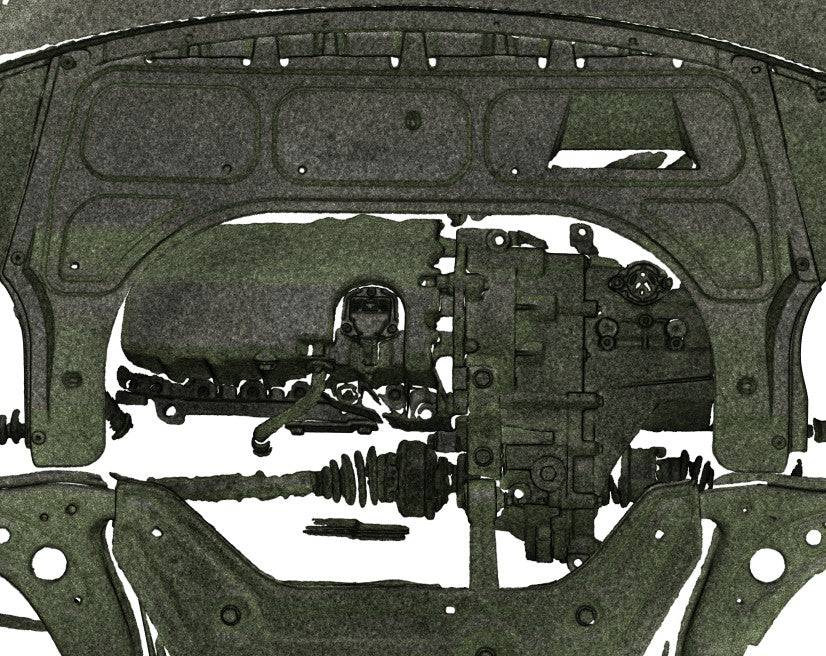 3D scan and render of the underside of a volkswagen polo 9N3 with a stock skid plate fitted
