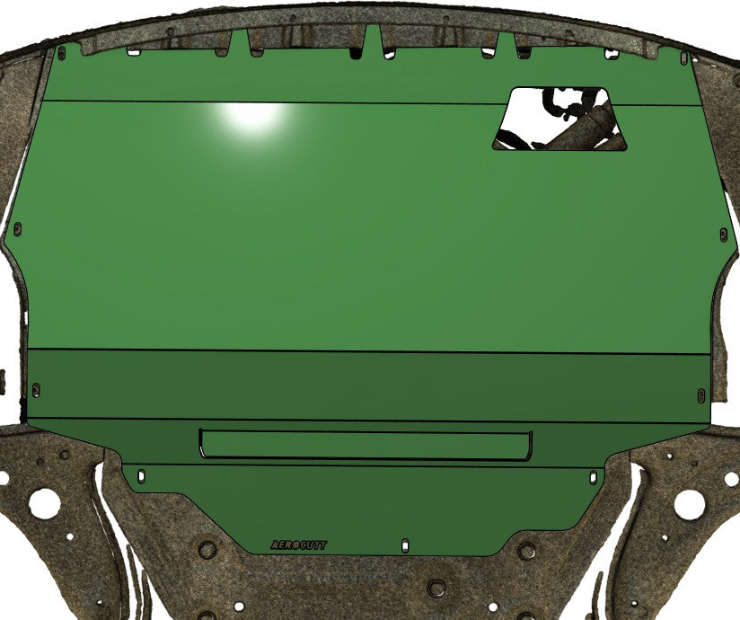 Render of the underside of a volkswagen polo 9N3 with an aerocutt skid plate fitted