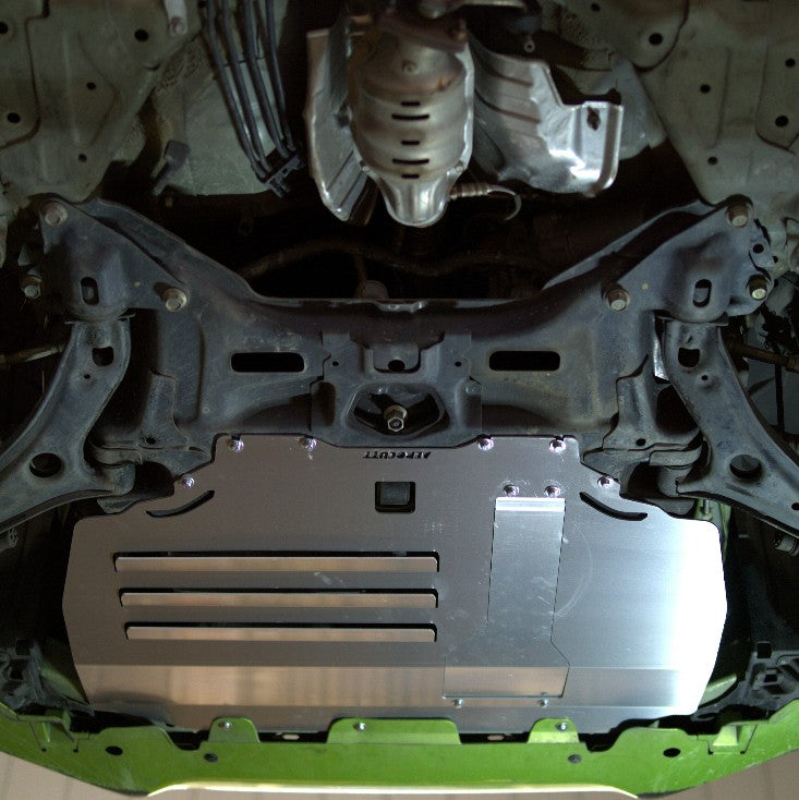 Honda Jazz GE underbody showing an Aerocutt aluminium bash plate installed