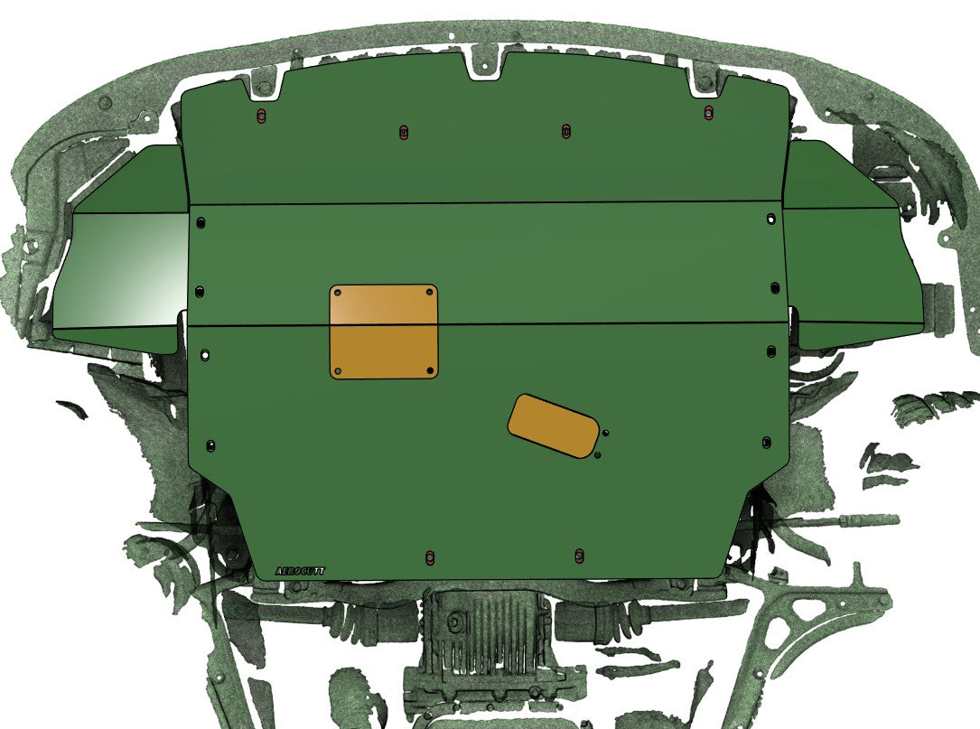 3D render of the underside of a subaru liberty/legacy BL/BP with cad deisgned Aerocutt skid plate installed