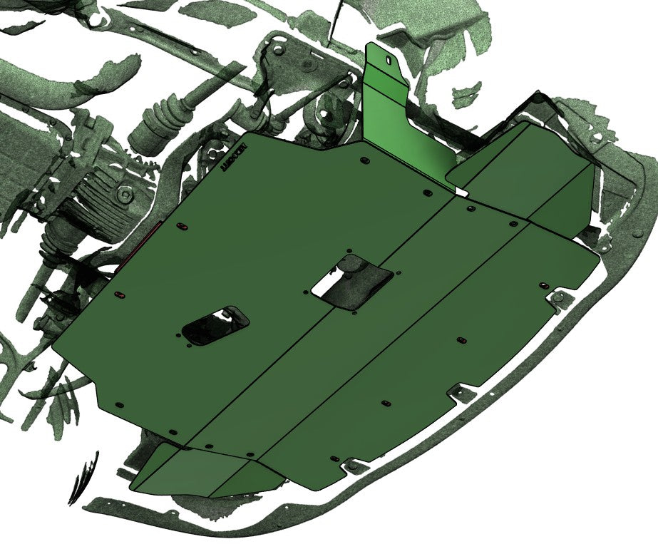 3D render of the underneath of a subaru liberty/legacy BL/BP with CAD deisgned Aerocutt bash plate installed