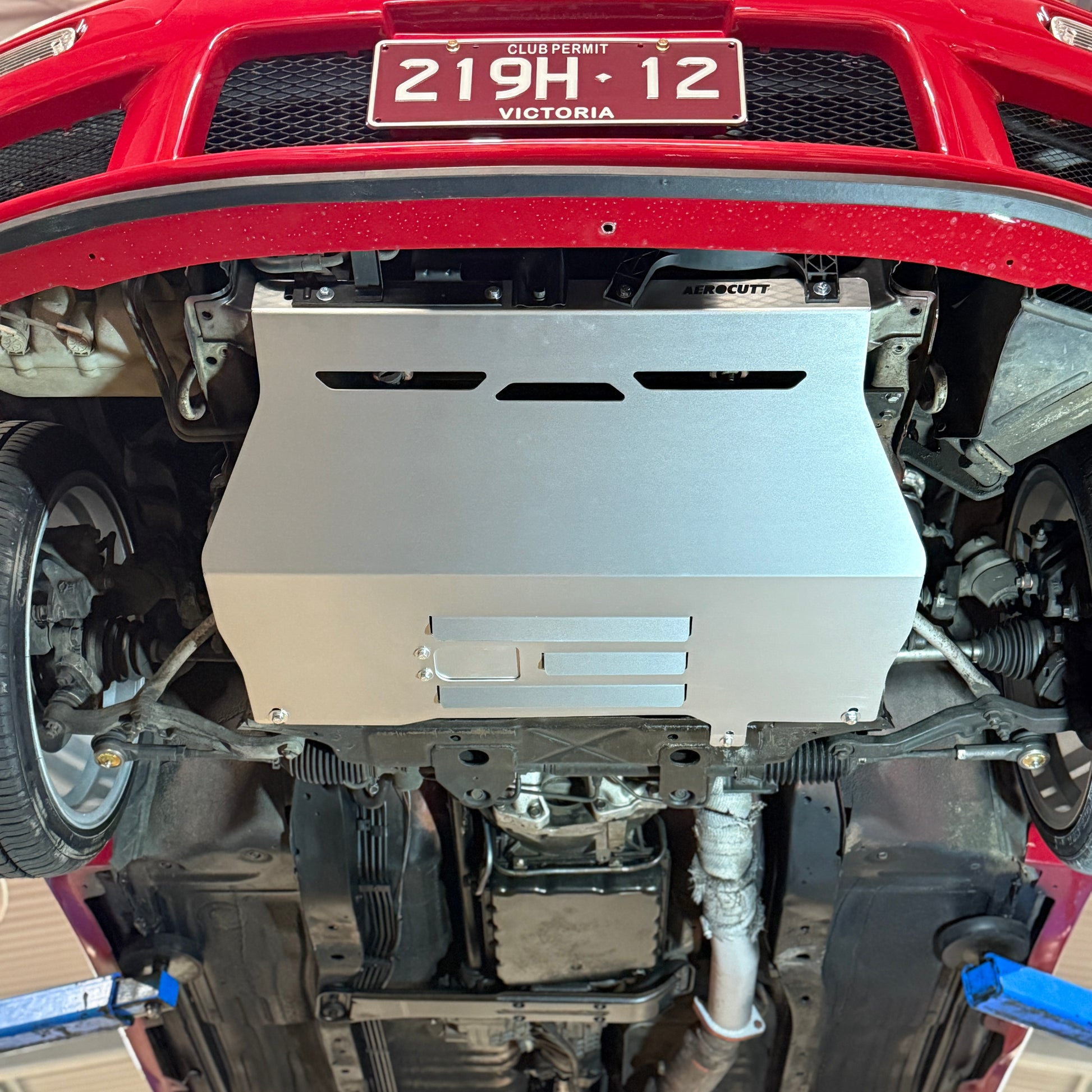 the underfloor of a nissan stagea with a skid plate from aerocutt 