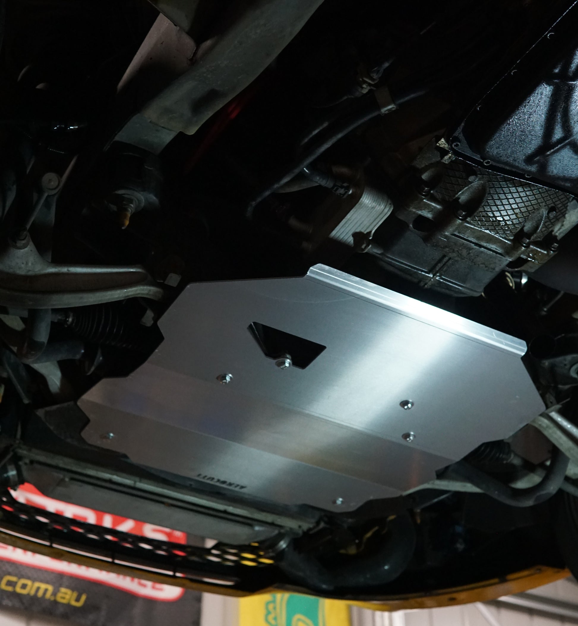 Ford Falcon FG xr6 underside with Aerocutt metal engine protection panel sump guard installed