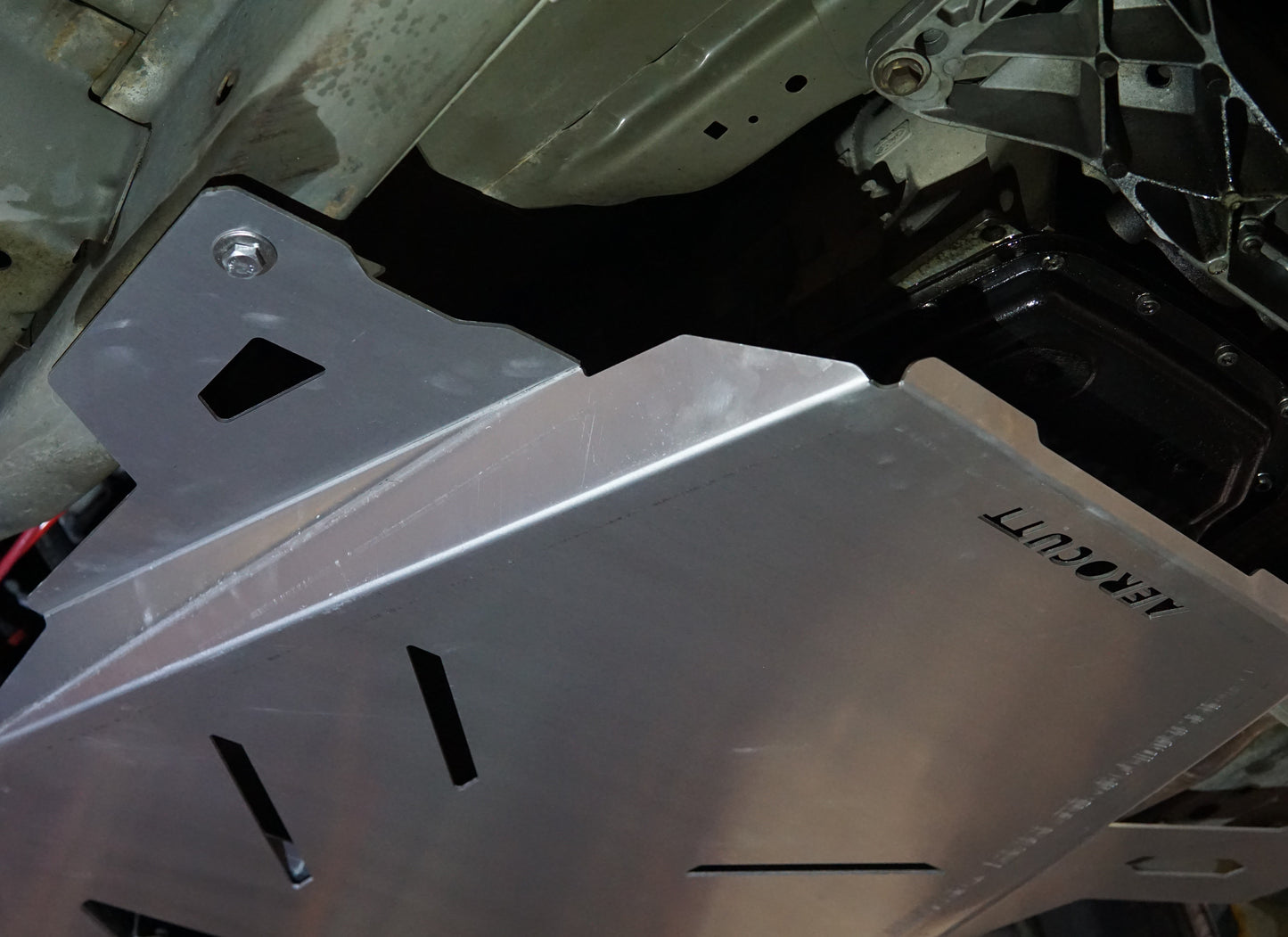Ford Falcon FG under side with Aerocutt aluminium transmission protection panel installed