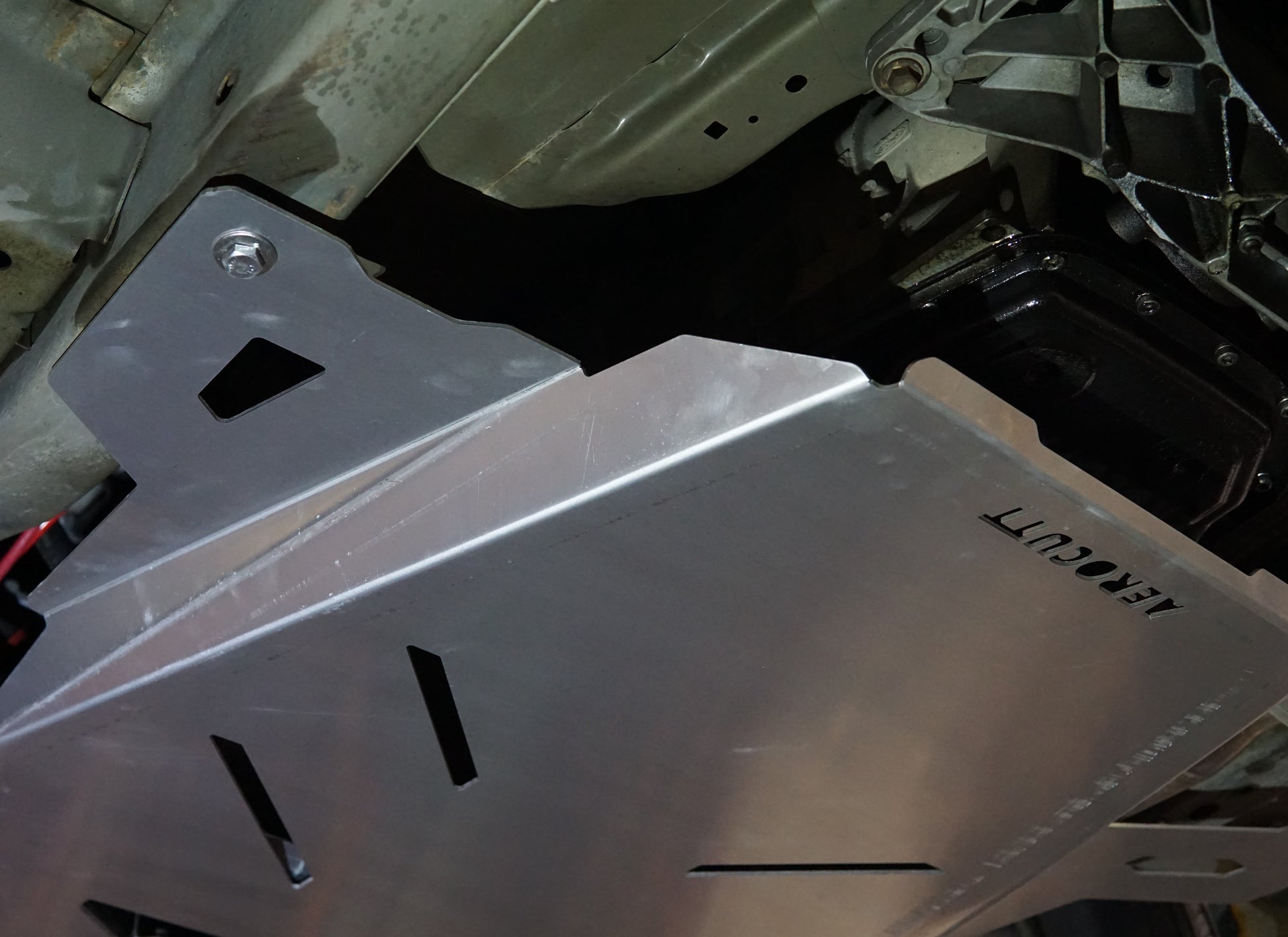 Ford Falcon FG under side with Aerocutt aluminium transmission protection panel installed