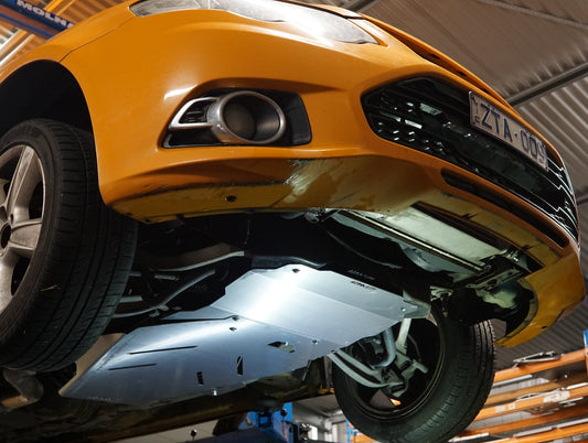Ford Falcon FG underside with Aerocutt engine and transmission protection panels installed