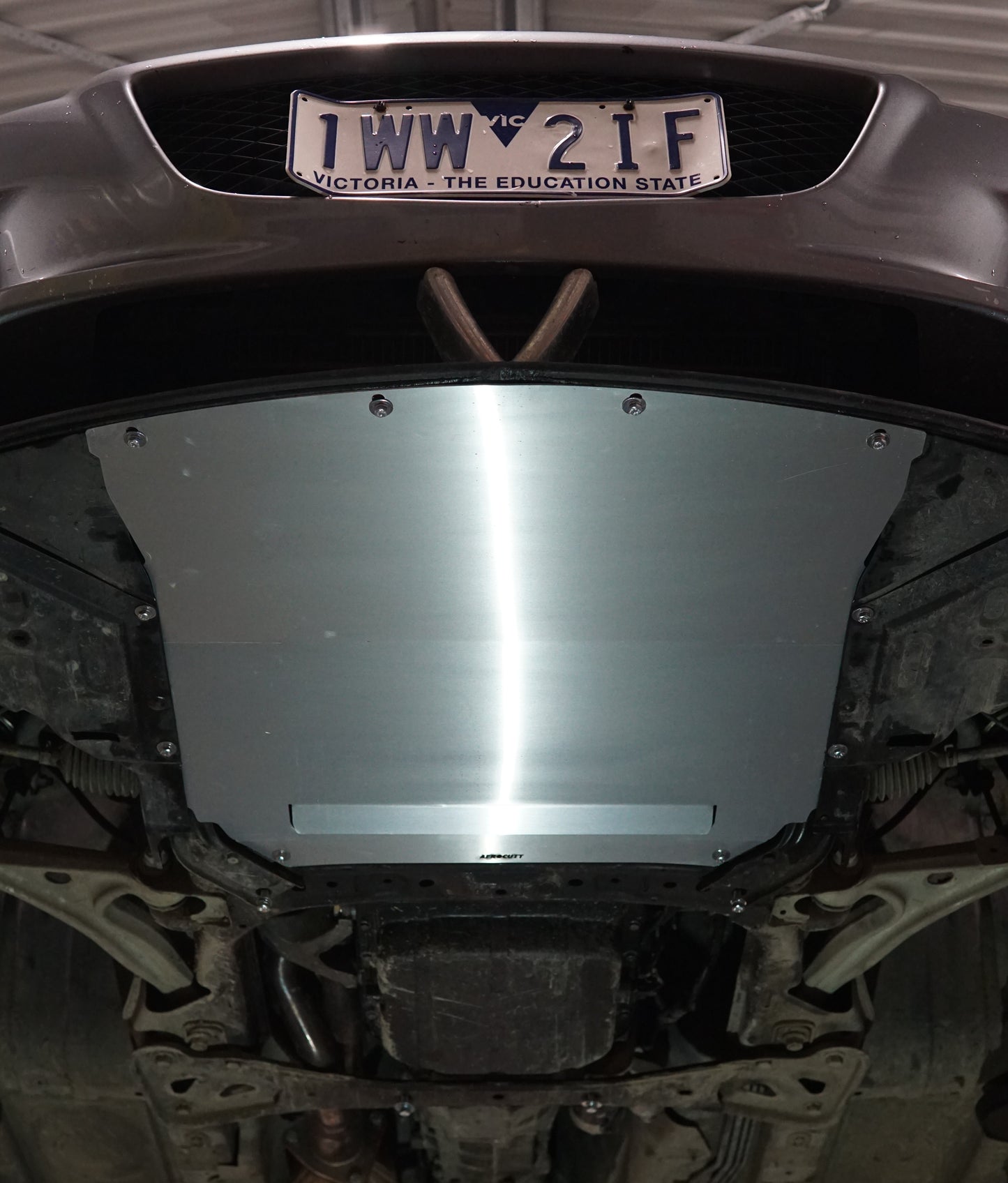 Mazda RX8 underside with Aerocutt front underbody protection panel installed
