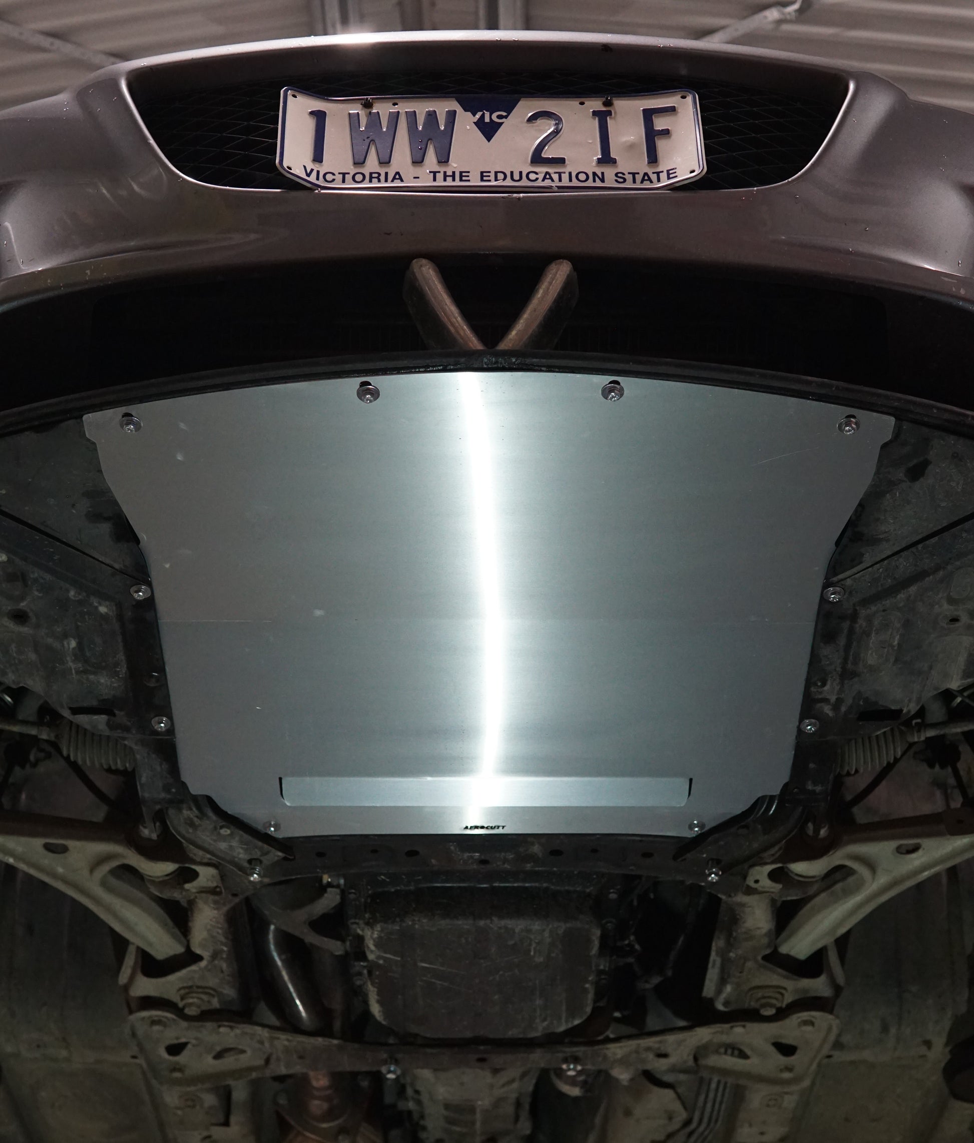 Mazda RX8 underside with Aerocutt front underbody protection panel installed
