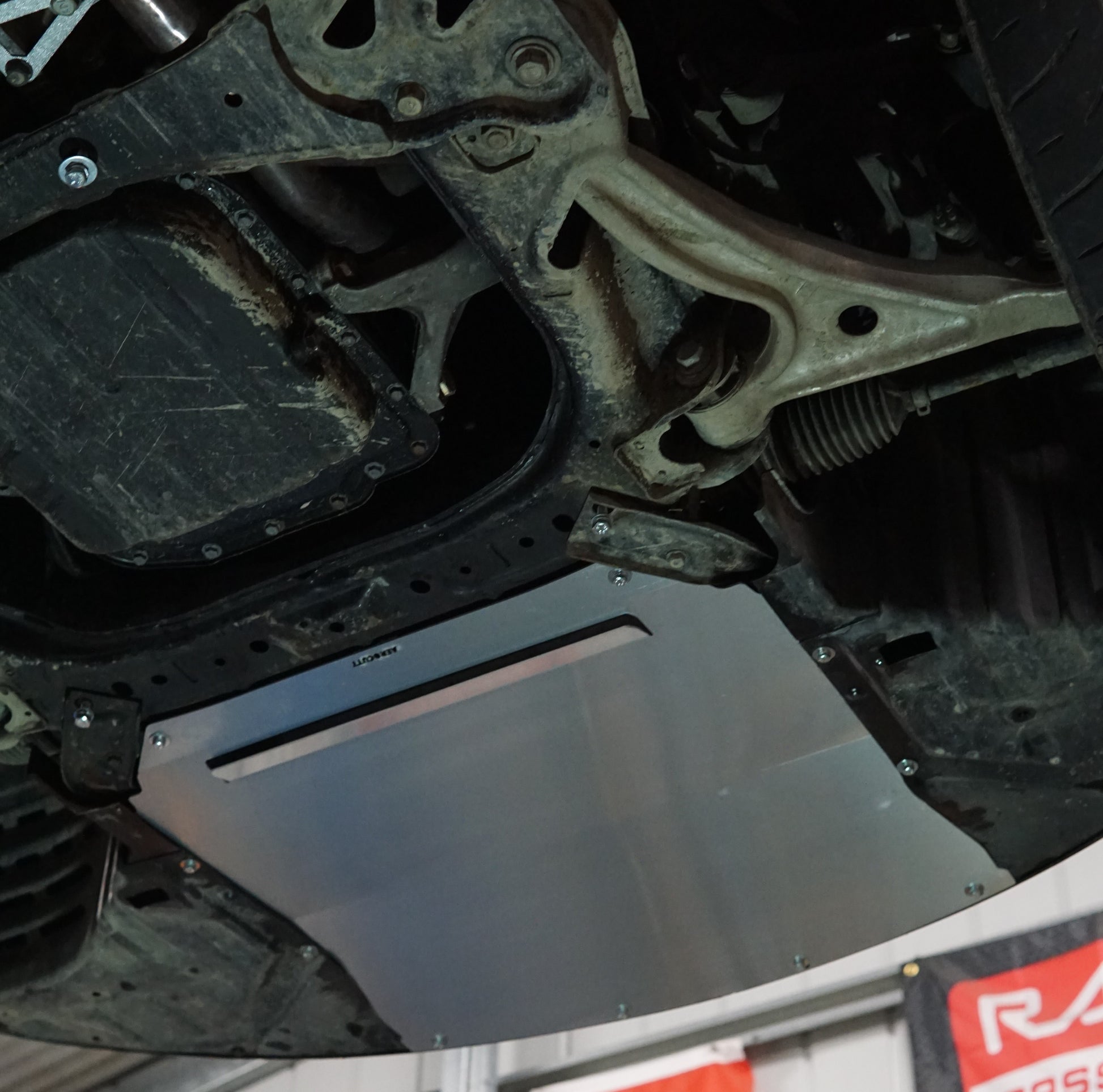 Mazda RX8 underside with Aerocutt front aero panel installed for protection