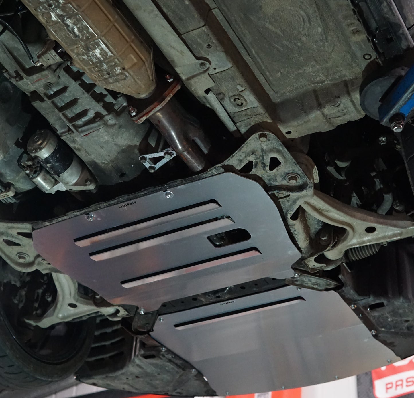 Mazda RX8 SE3P underneath with Aerocutt sump guard and front skid plate