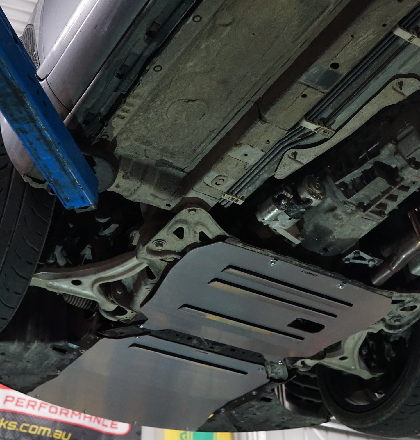 Mazda RX8 SE3P underneath with Aerocutt sump guard and front skid plate Installed