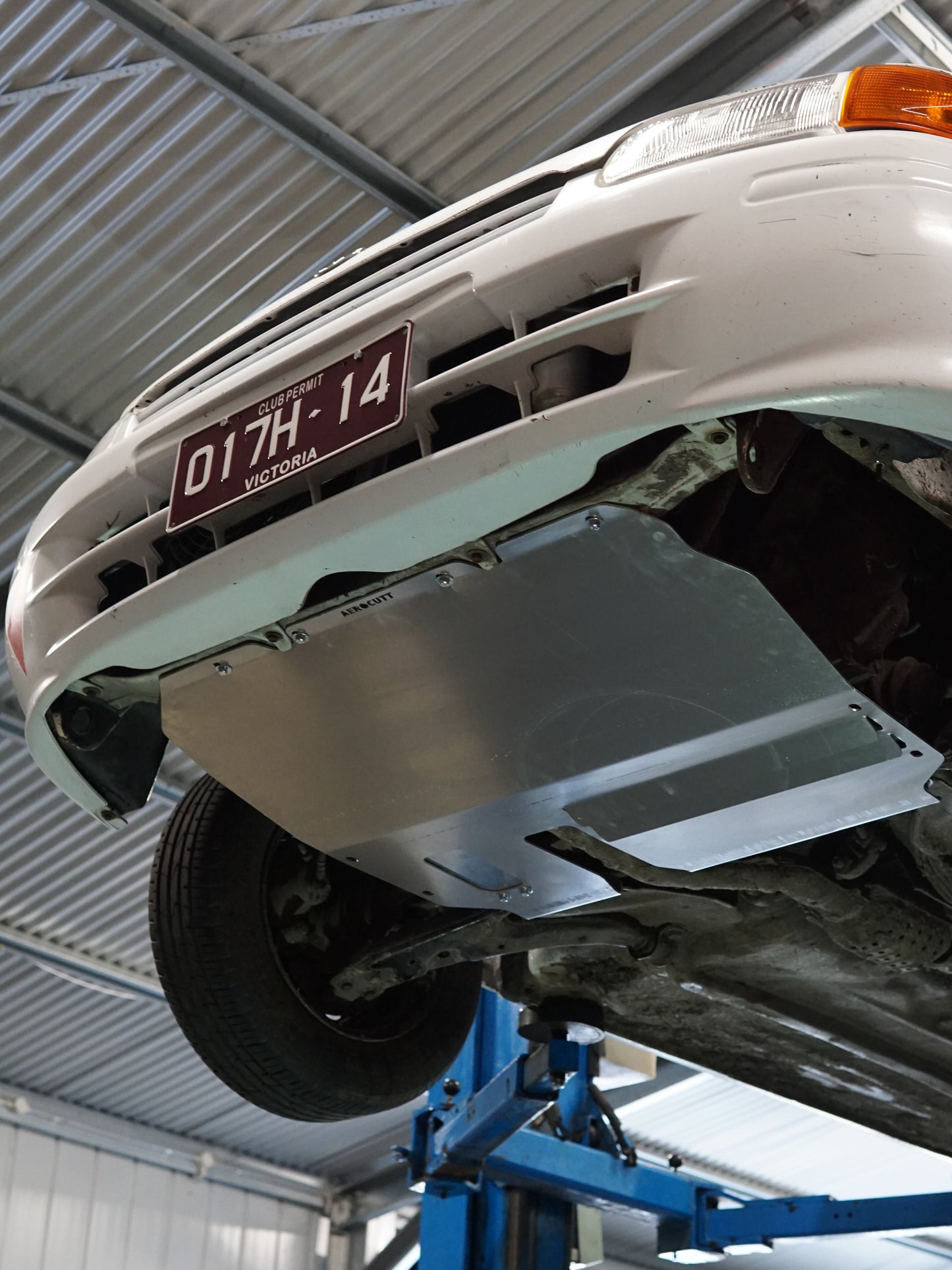Toyota Starlet EP91 underside with an Aerocutt aluminium sump guard installed for protection