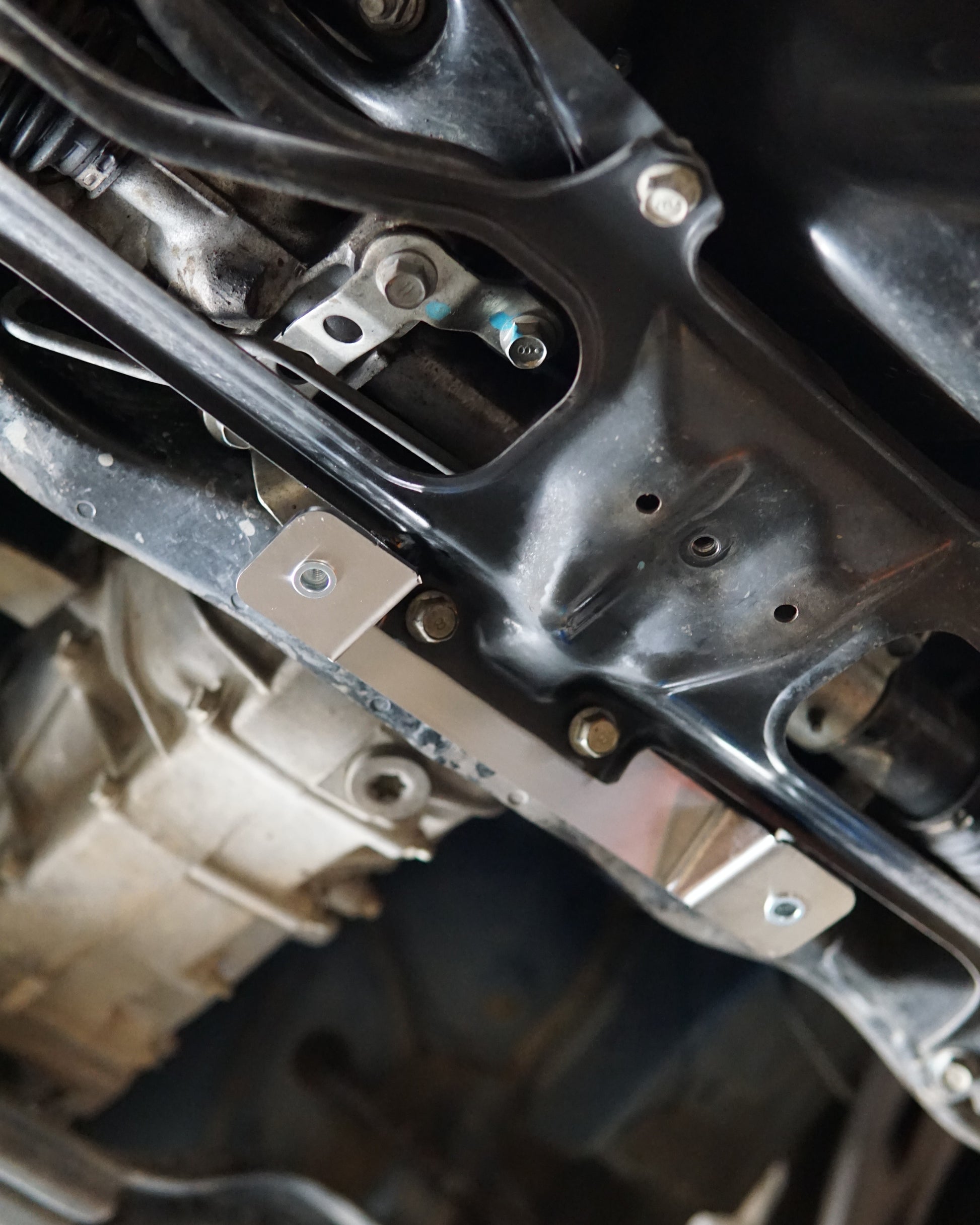 Subaru Impreza G3 WRX Underneath with Aerocutt Skid Plate Installed Showing Mounting Bracket