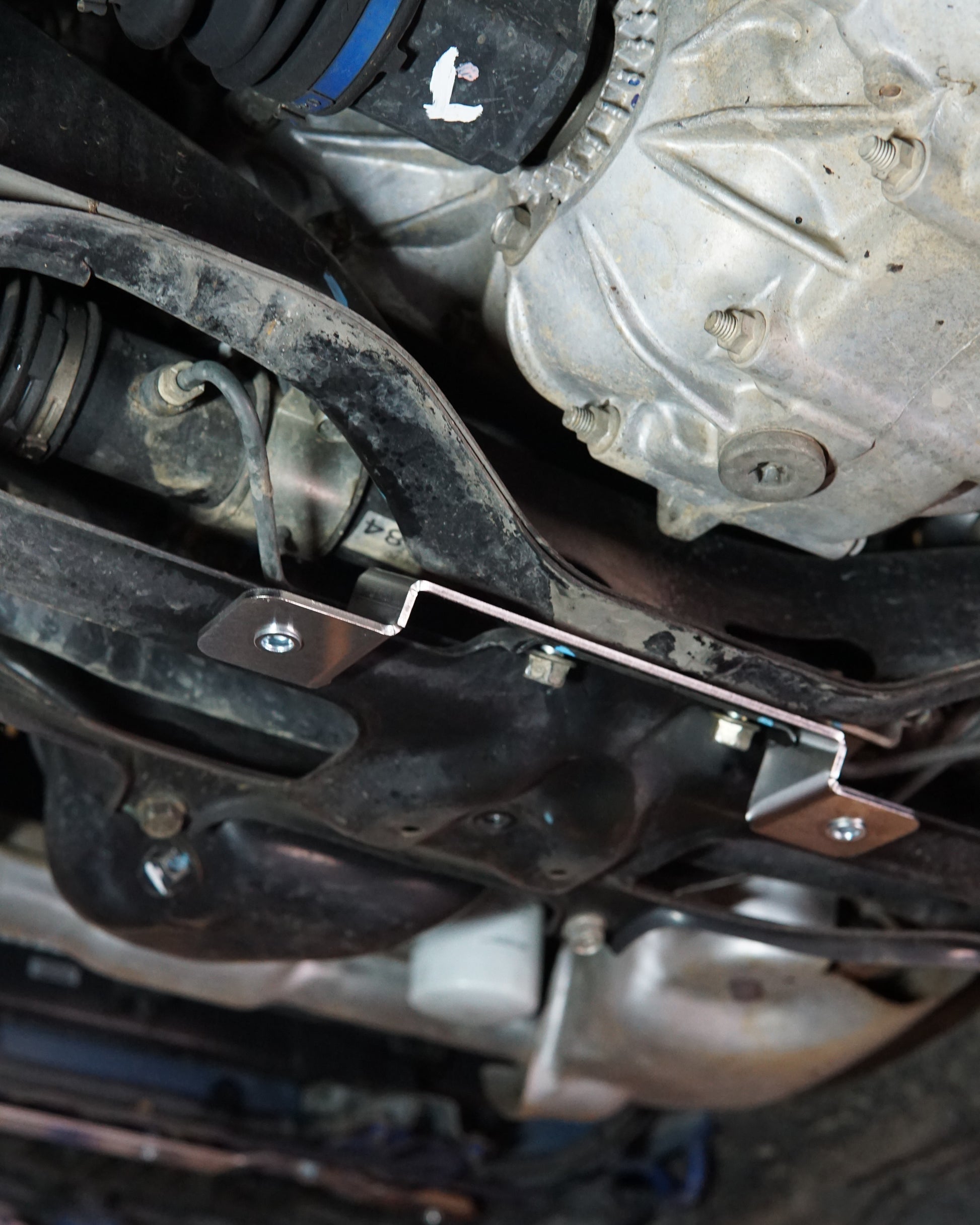 Subaru Impreza G3 WRX Underneath with Aerocutt Skid Plate Installed Showing Mounting Brackets
