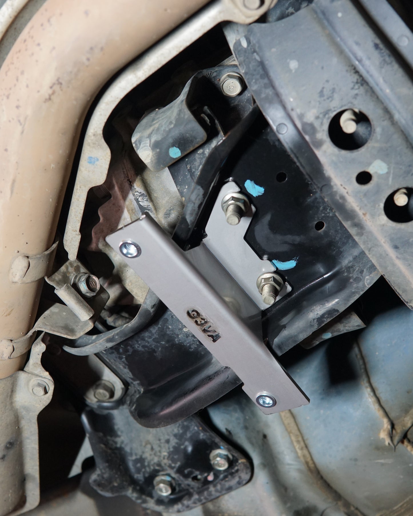 Subaru Impreza G3 WRX Underneath with Aerocutt Skid Plate Installed Showing Mounting Brackets