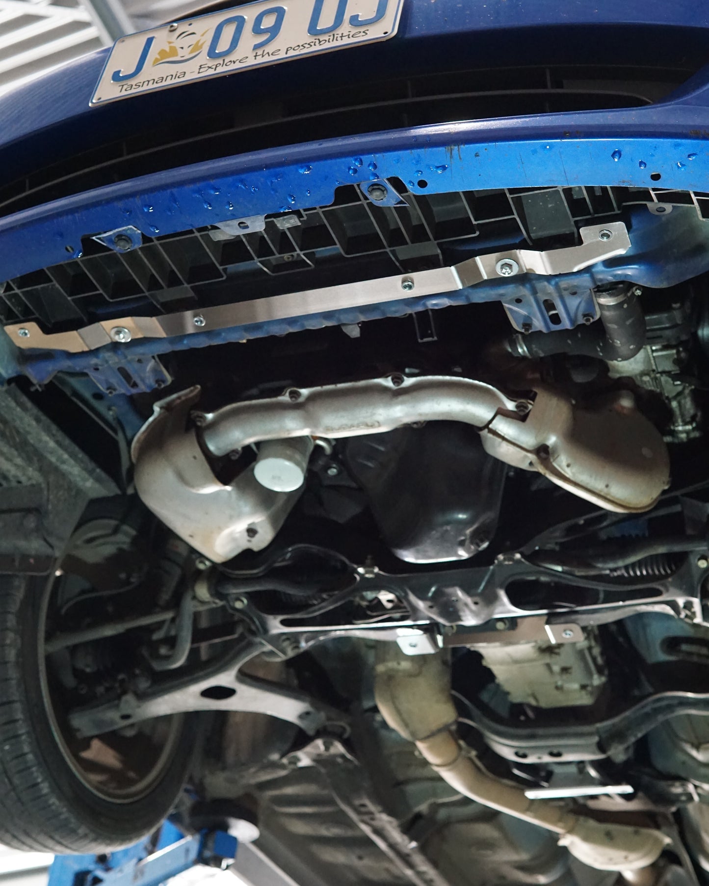 Subaru Impreza G3 WRX Underneath with Aerocutt Skid Plate Installed Showing Stainless Steel Mounting Brackets