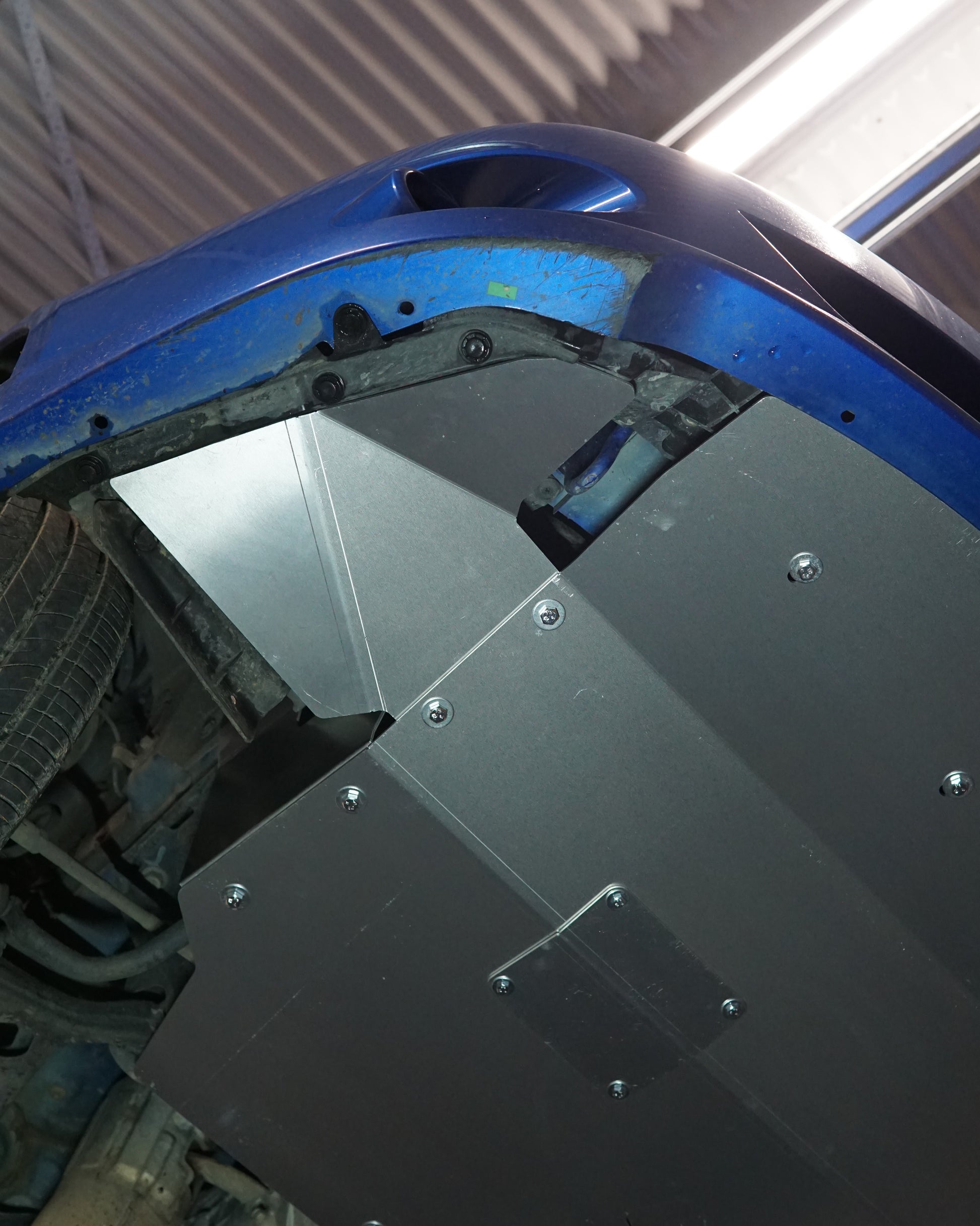 Subaru Impreza G3 WRX Underneath with Aerocutt Skid Plate Installed Showing Front Protection Wings