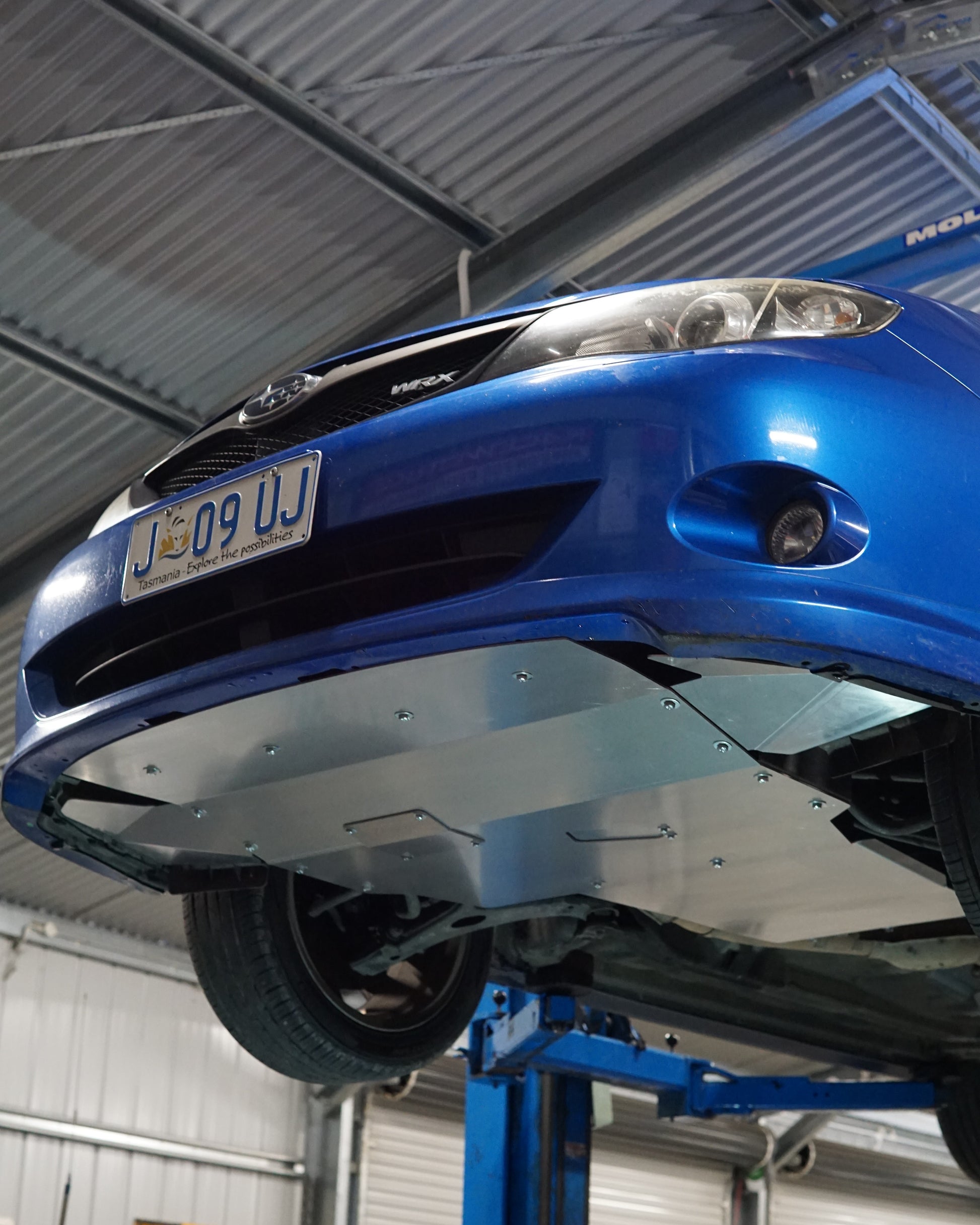 Underneath Subaru Impreza G3 WRX with Aerocutt Aluminium Undertray and Transmission Protection Plate Fitted