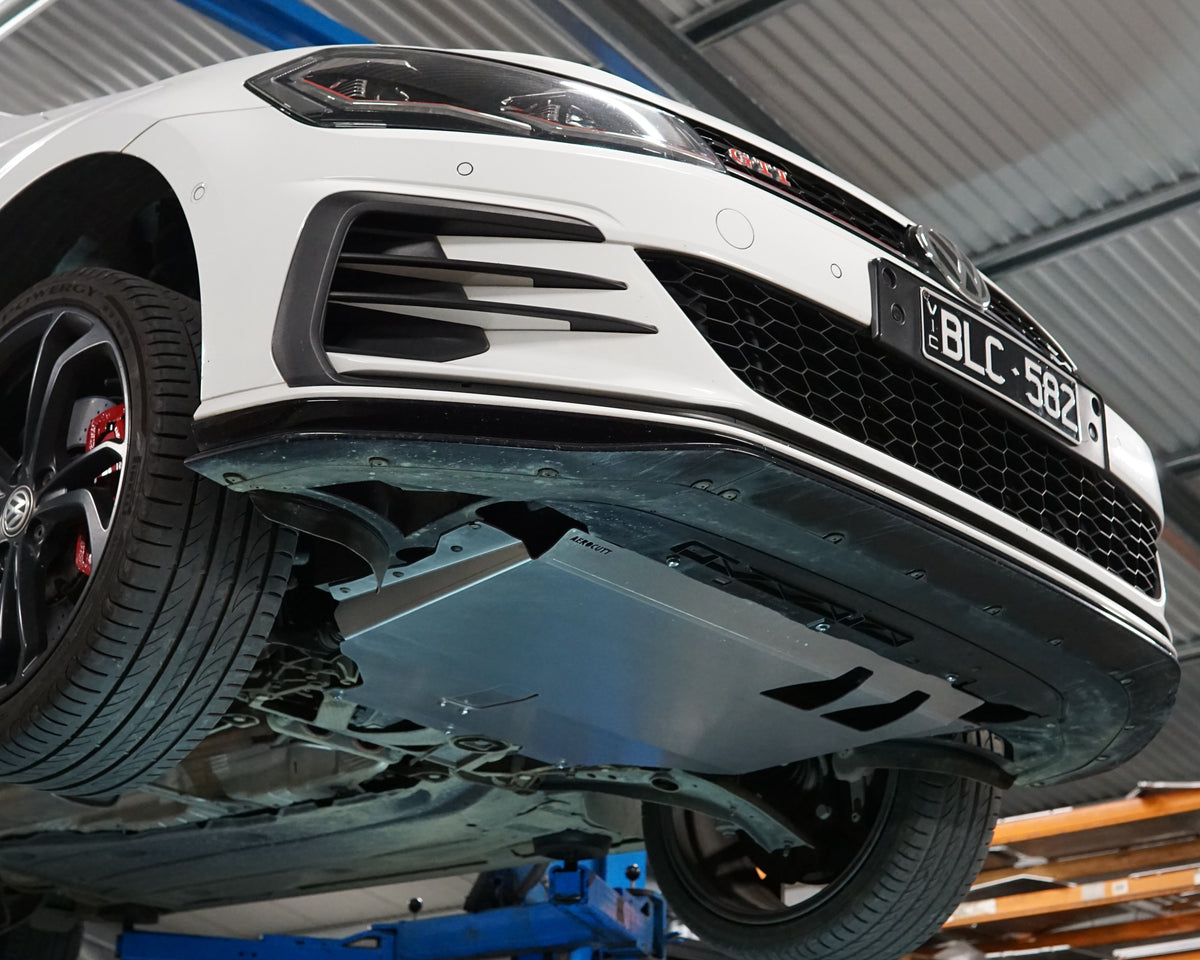 Aerocutt aluminium undertray fitted to the underside of a Volkswagen golf GTI with oil service plate
