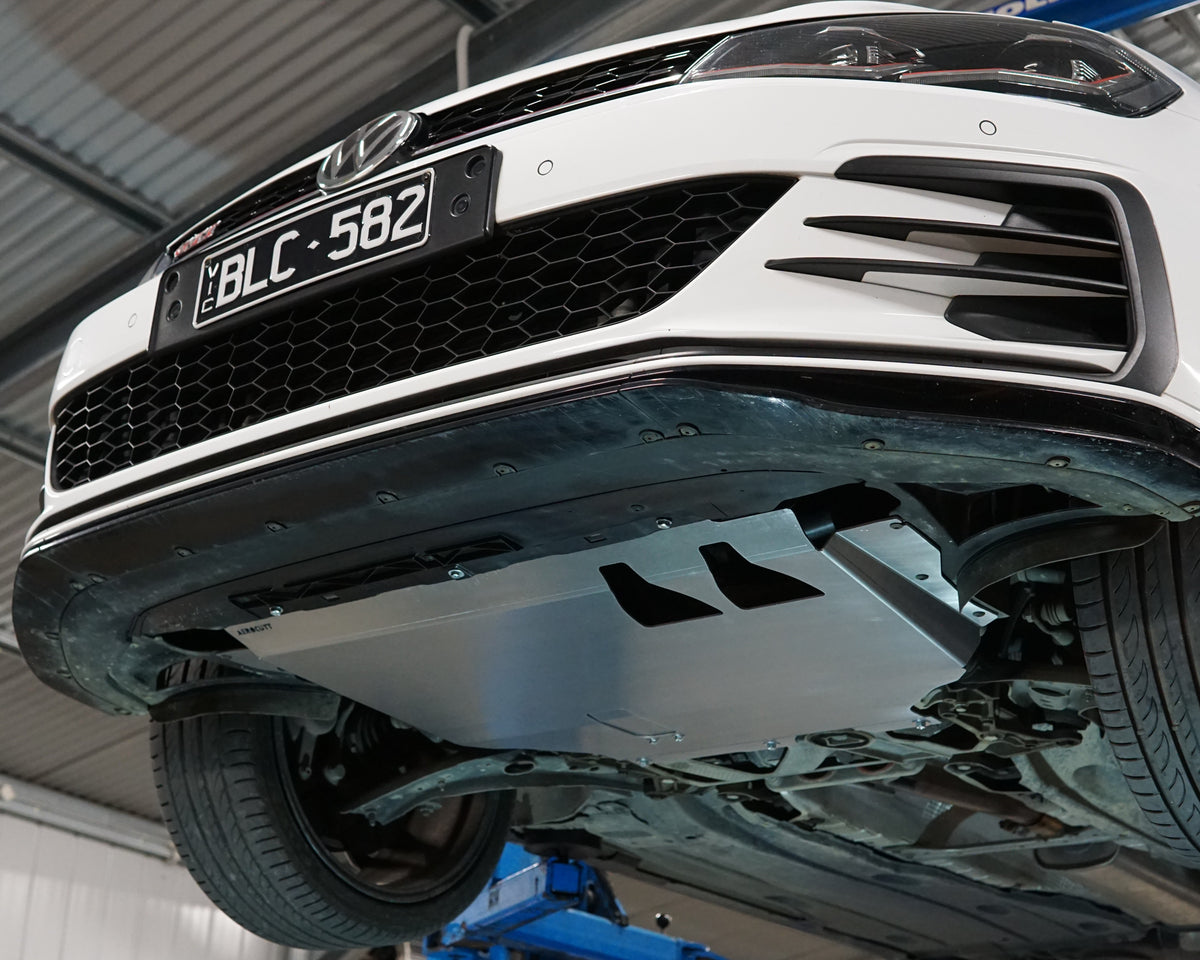 Aerocutt aluminium undertray fitted to the underside of a Volkswagen golf GTI with oil service plate visible