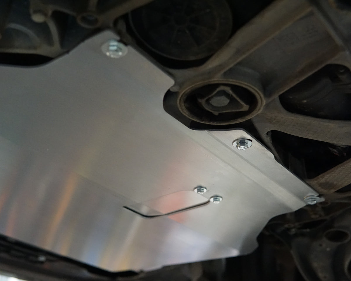 Aerocutt aluminium undertray fitted to the underneath of a Volkswagen golf GTI mk7.5 with oil service plate visible