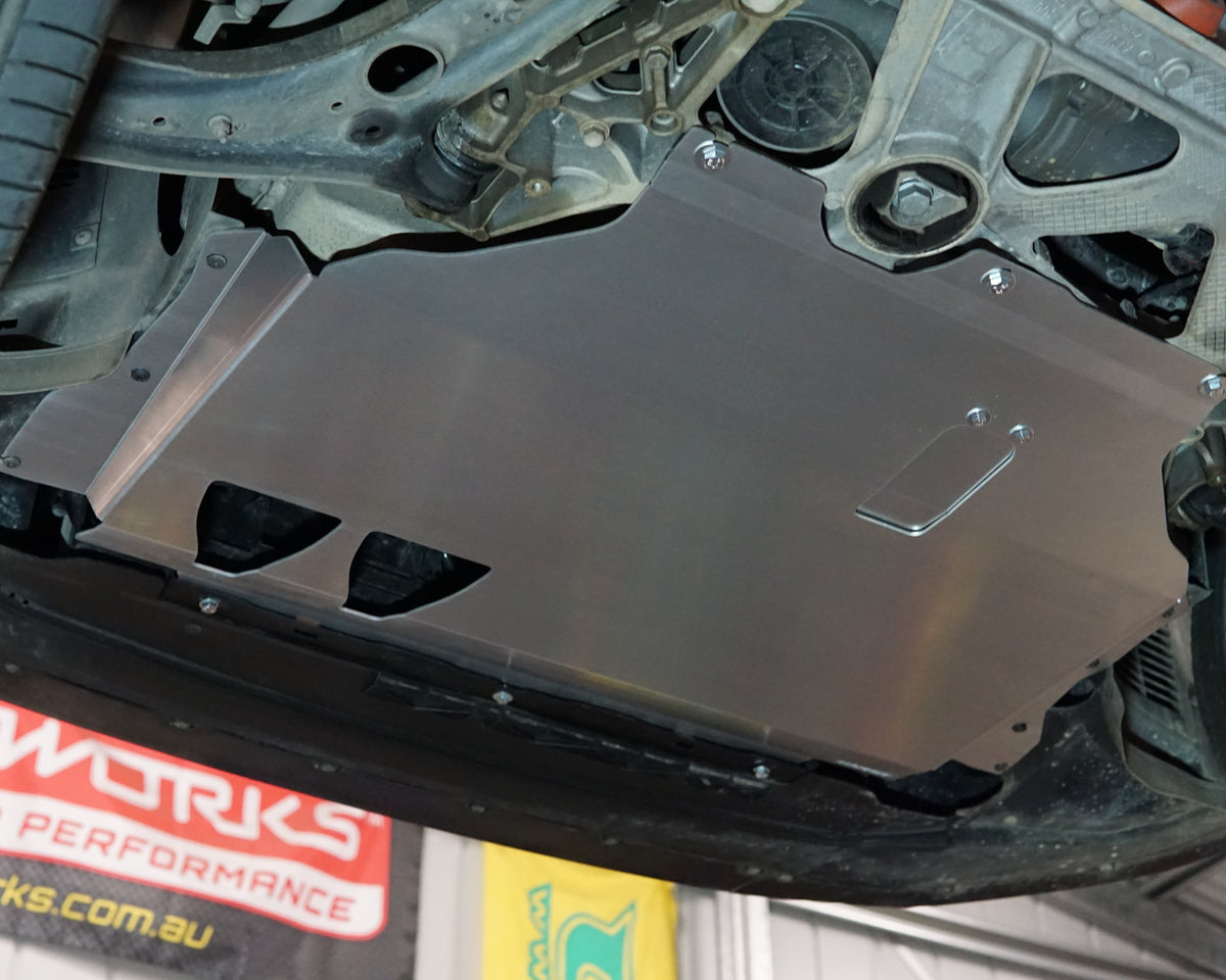 Aerocutt aluminium undertray fitted to the underside of a Volkswagen golf GTI mk7-8 with oil service plate