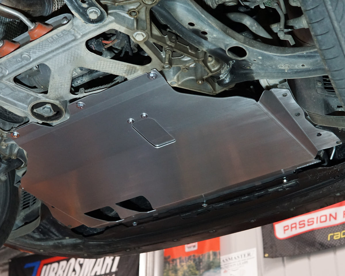 Aerocutt aluminium undertray fitted to the underside of a Volkswagen golf GTI mk7.5 with oil service plate