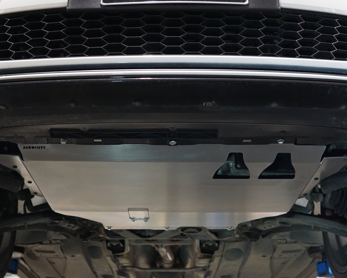 Aerocutt aluminium undertray fitted to the underside of a Volkswagen golf GTI mk7 with oil service plate