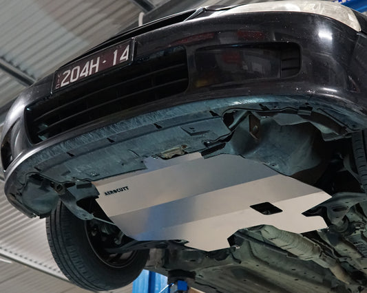 Honda EK Civic underside with large aerocutt aluminium skid tray installed