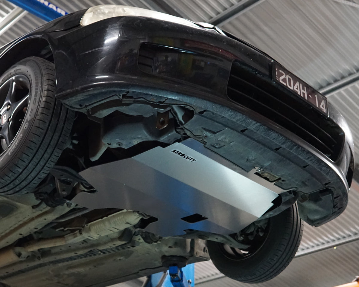 Honda EK Civic underside with large aerocutt aluminium skid tray installed