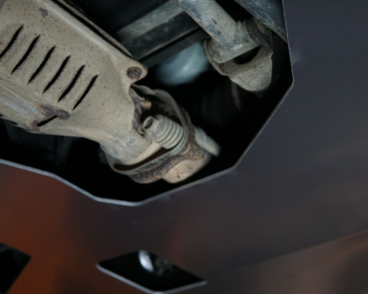 Honda EG Civic underside with large aerocutt aluminium skid plate installed