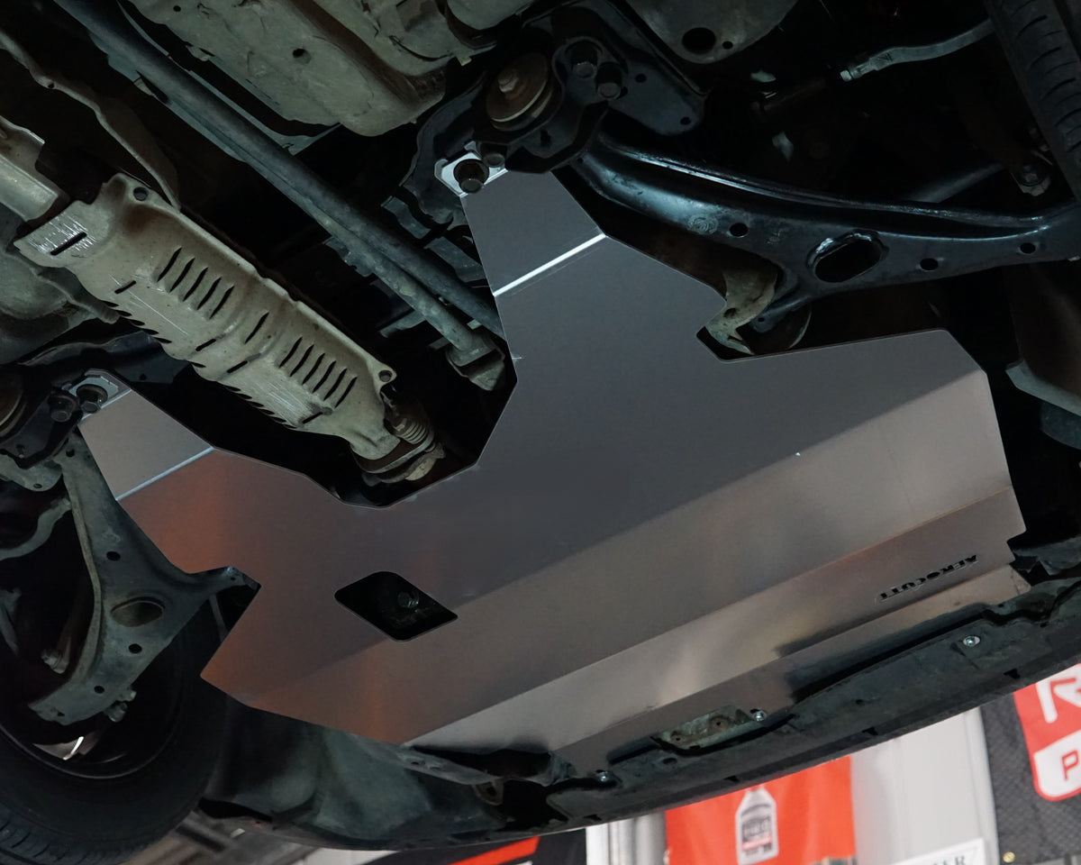 Honda EK Civic underside with large aerocutt aluminium undertray installed