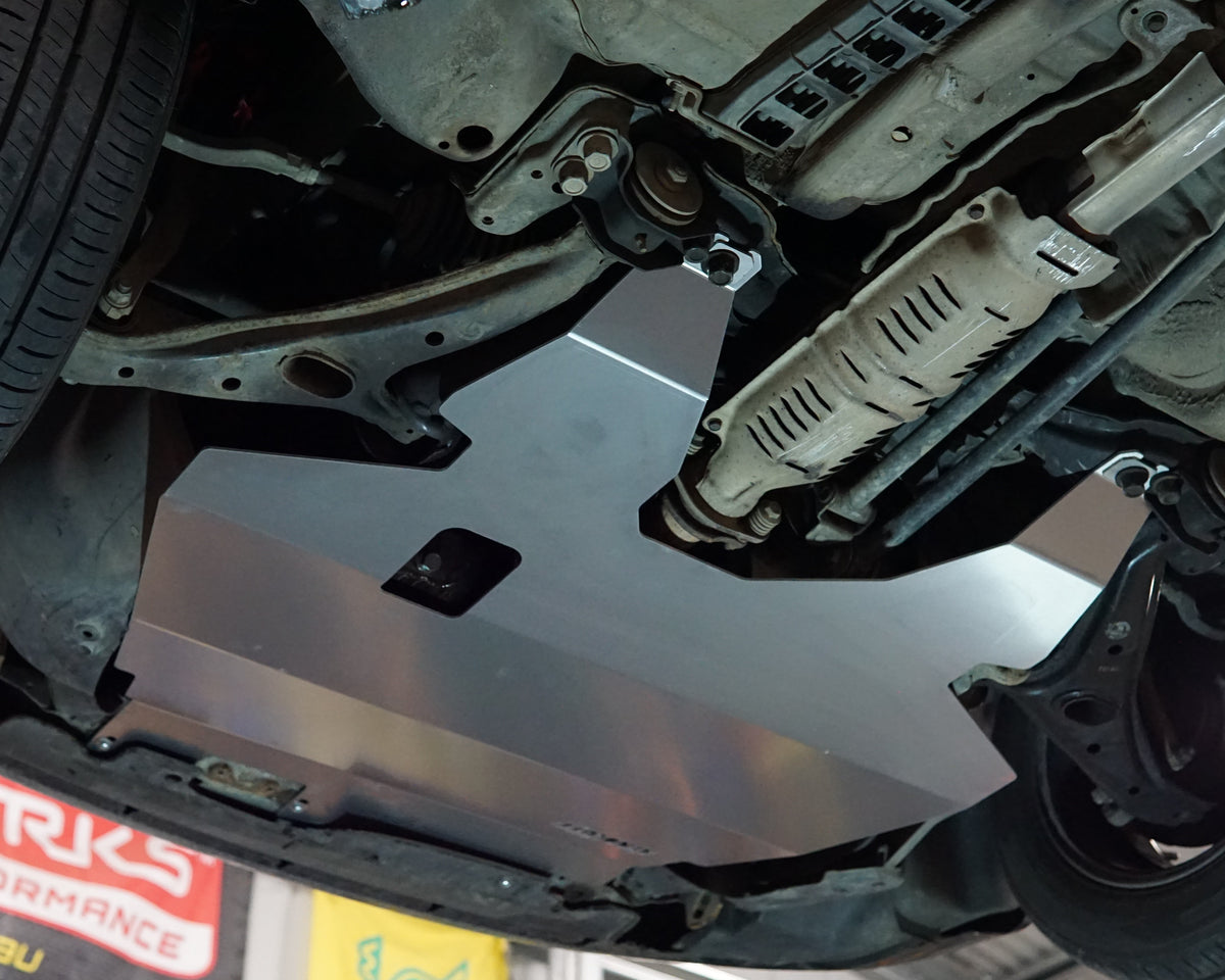 Honda EK Civic underside with large aerocutt aluminium undertray installed