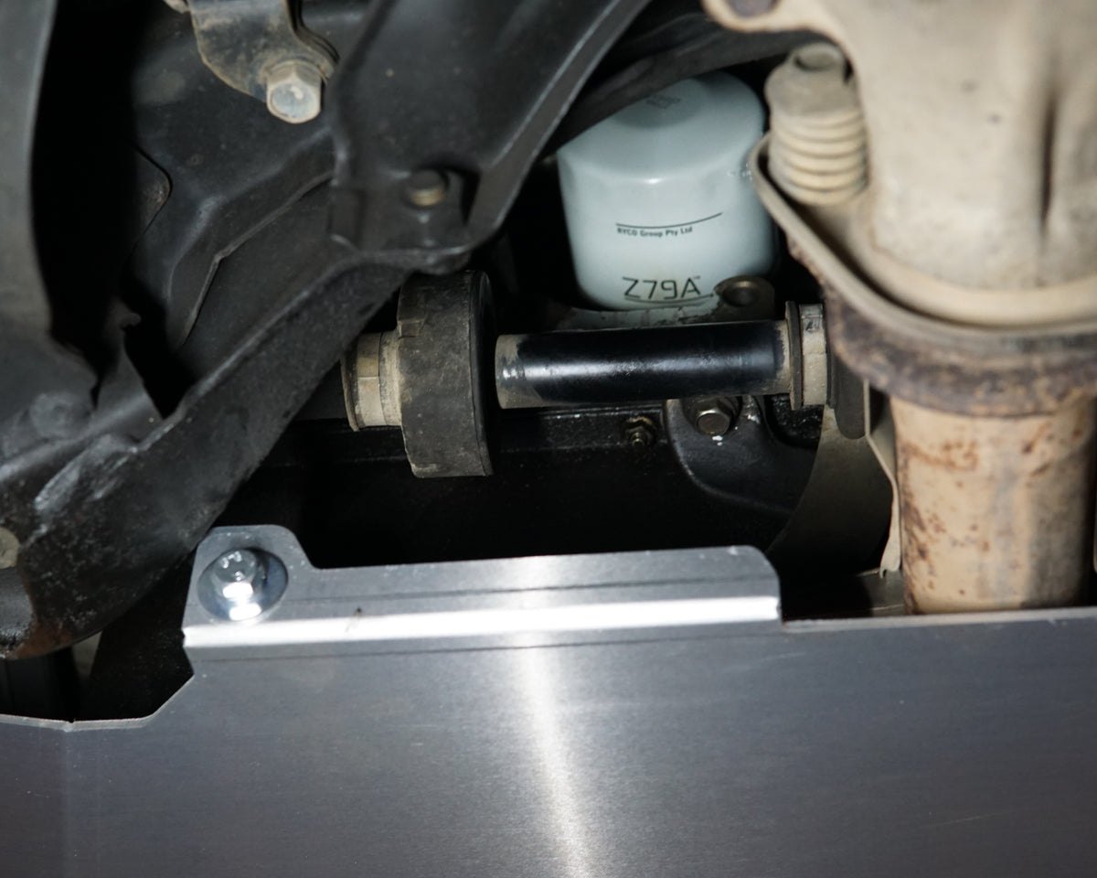 Honda Civic EG Underside With Aerocutt adjustable aluminium bash plate installed showing oil filter access