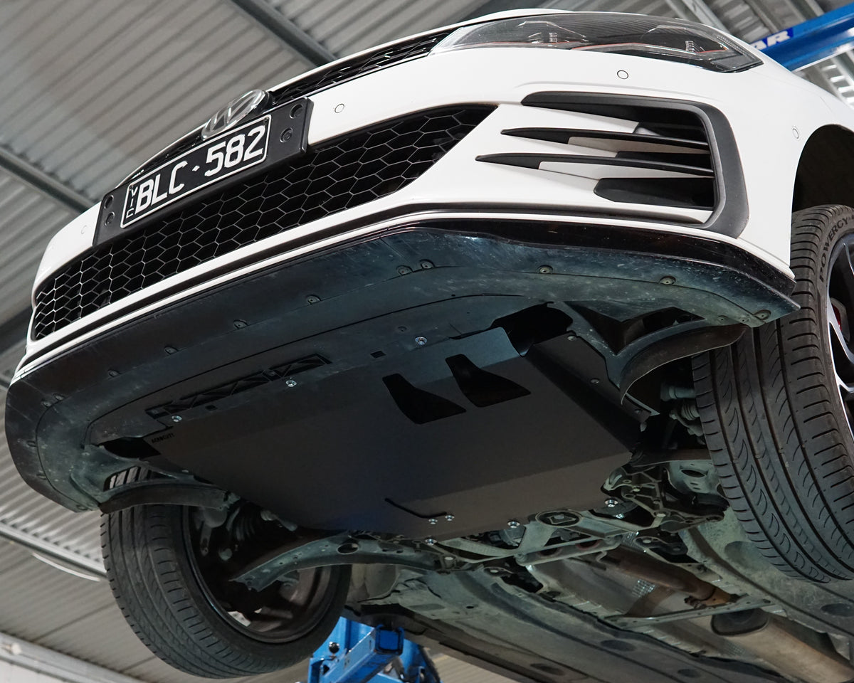 Vokswagen Golf MK7.5 Underside With Aerocutt Aluminium Undertray Fitted in powder coated black with a removableplate to give access to drain the oil