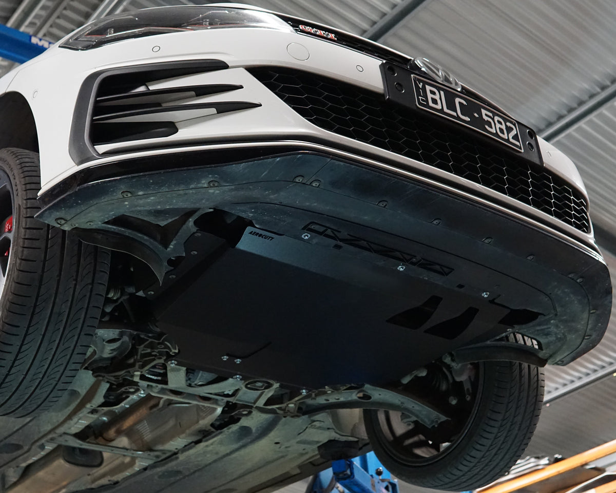 Vokswagen Golf MK7 Underside With Aerocutt Aluminium Undertray Fitted in powder coated black with a removableplate to give access to drain the oil