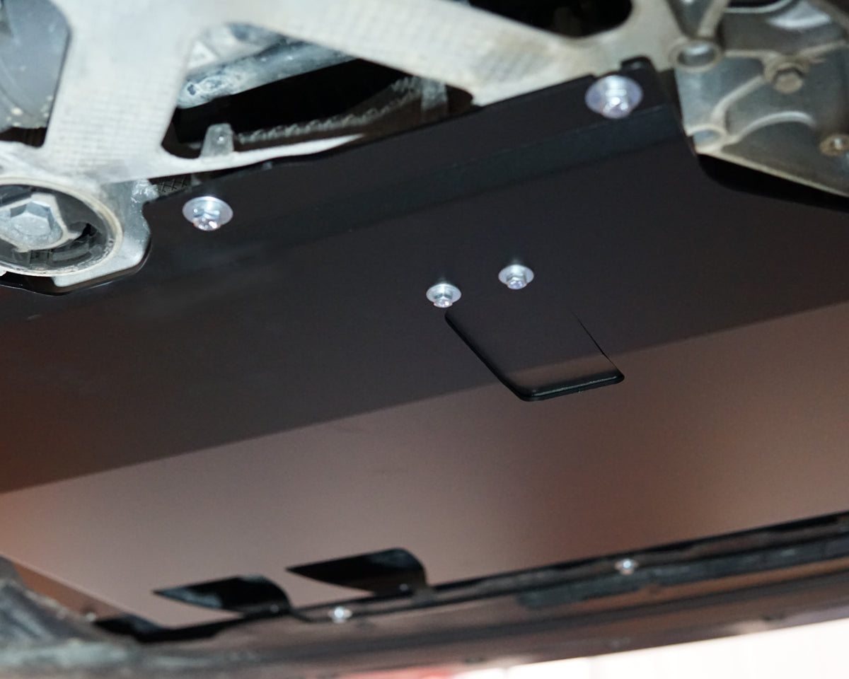 Vokswagen Golf MK8 Underside With Aerocutt Aluminium Undertray Fitted in powder coated black with a removableplate to give access to drain the oil