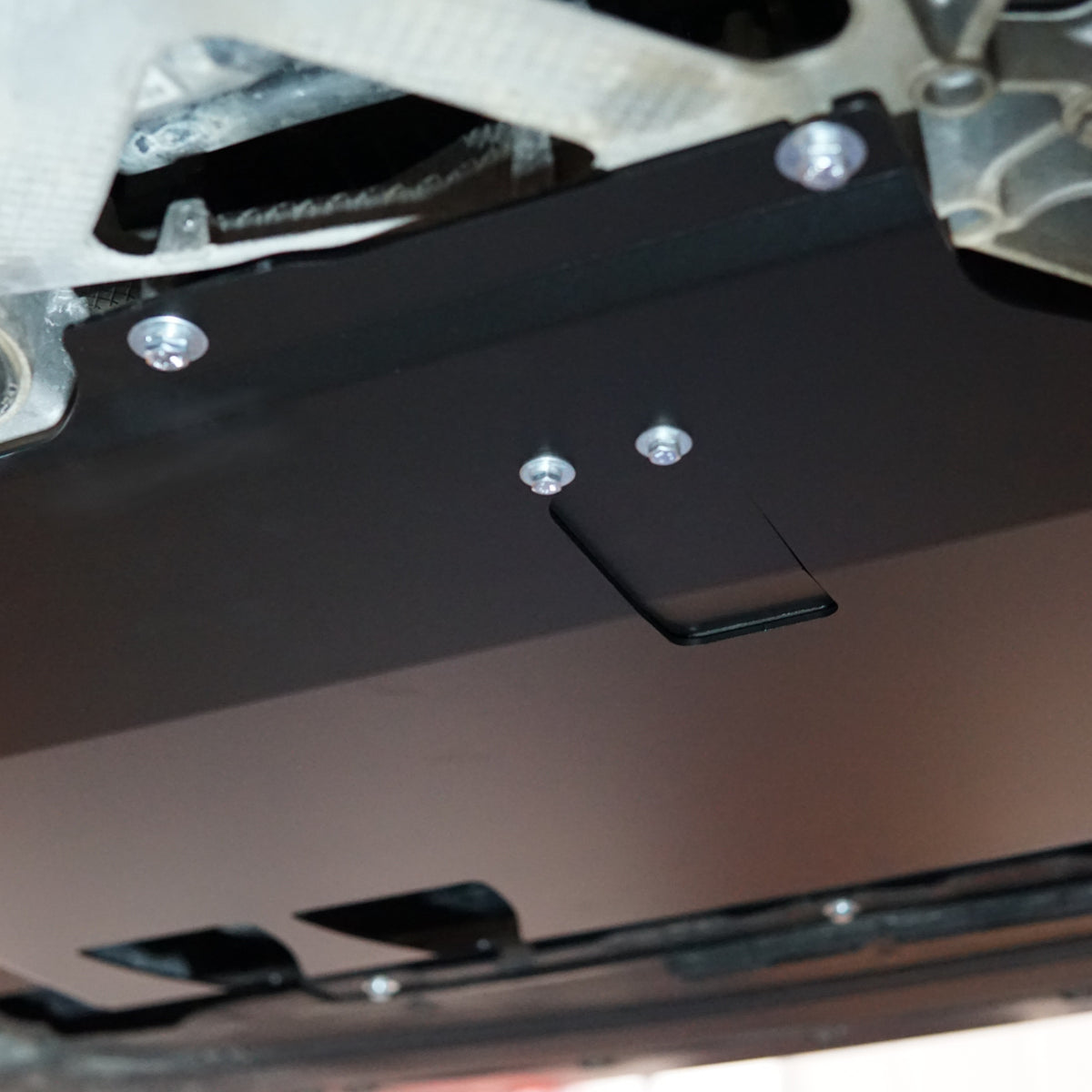 Volkswagen/Audi EA888 underside with an Aerocutt aluminium undertray fitted with an oil drain access plate in powder coated black