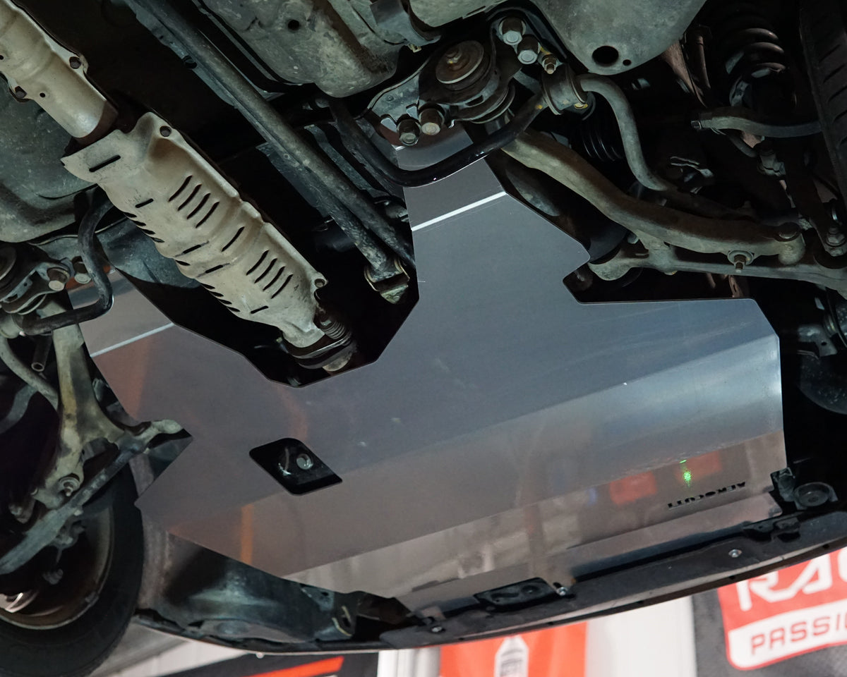 Honda EG Civic underside with large aerocutt aluminium undertray installed