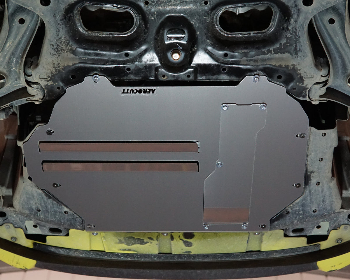A yellow Honda GK Jazz Underbody With an Aerocutt sump guard fitted