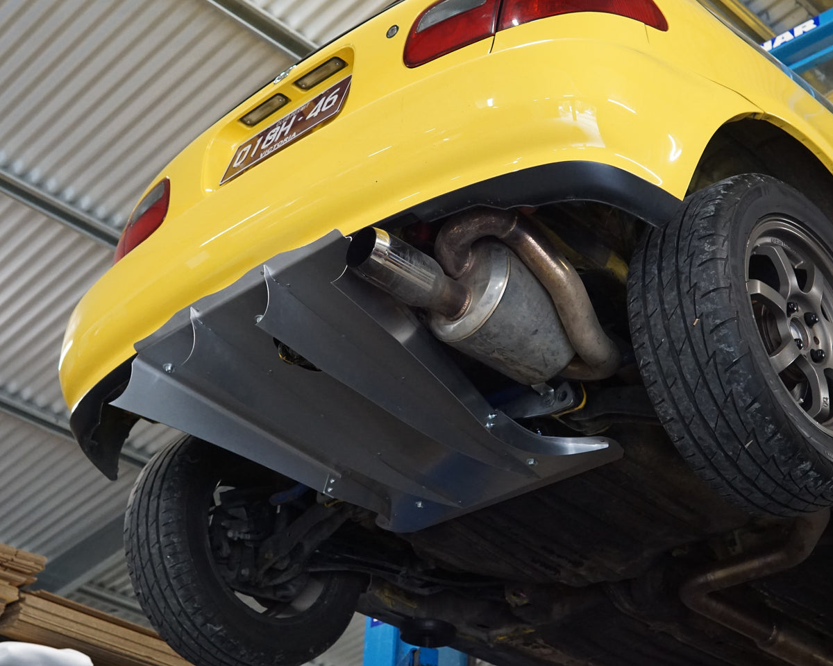Rear underside of a Honda Civic 5th gen EG3 with an Aerocutt aluminium diffuser installed