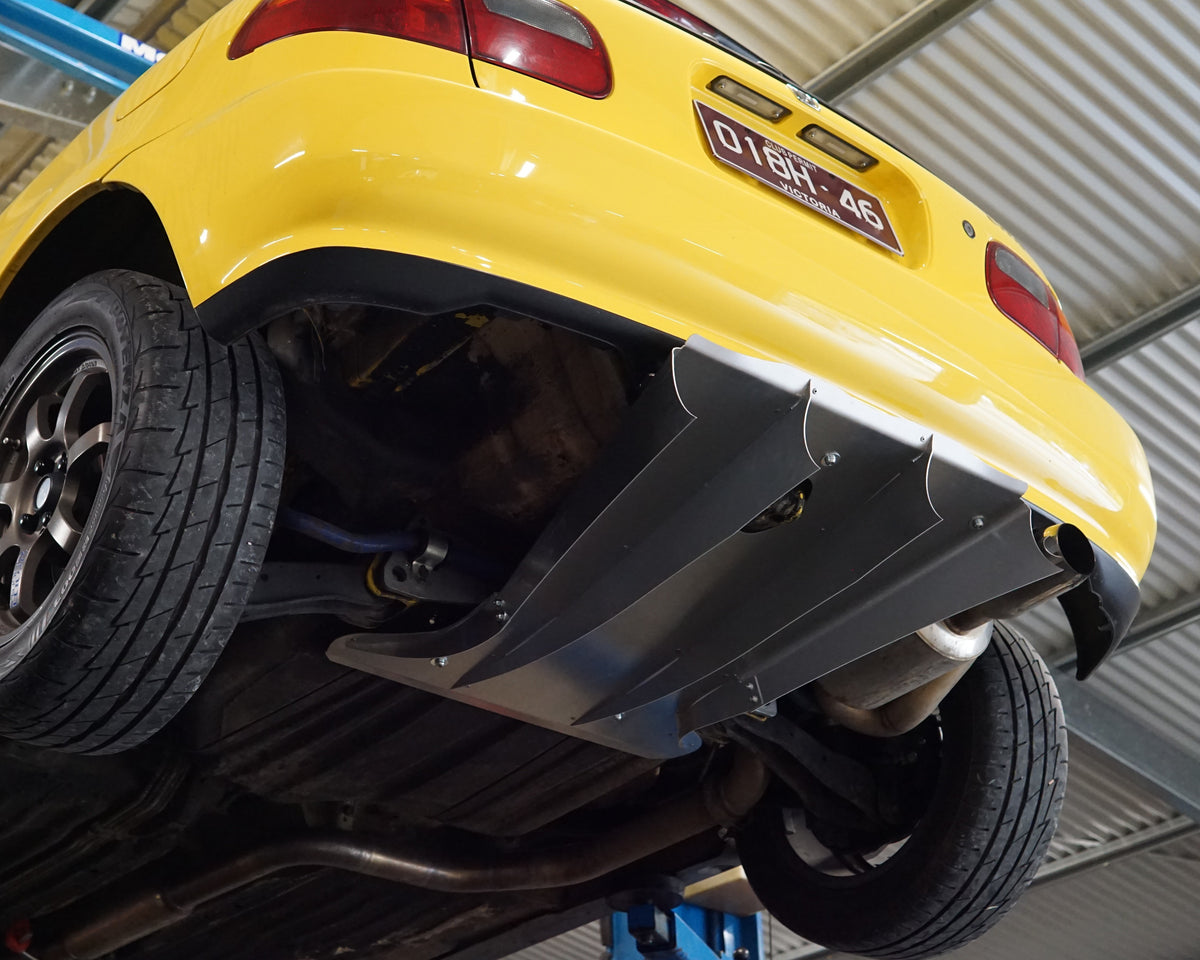 Rear underside of a Honda Civic 5th gen EG4 with an Aerocutt aluminium diffuser installed