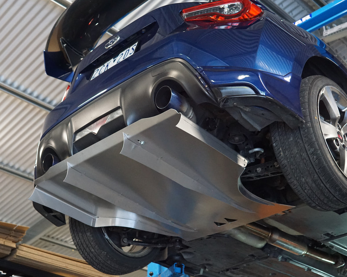 Subaru BRZ rear underbody showing an aerocutt aluminium air diffuser fitted to increase aerodynamic performance