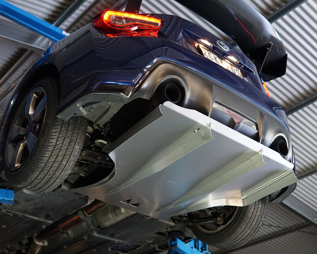 Scion FRS rear underbody showing an aerocutt aluminium air diffuser fitted to increase aerodynamic performance