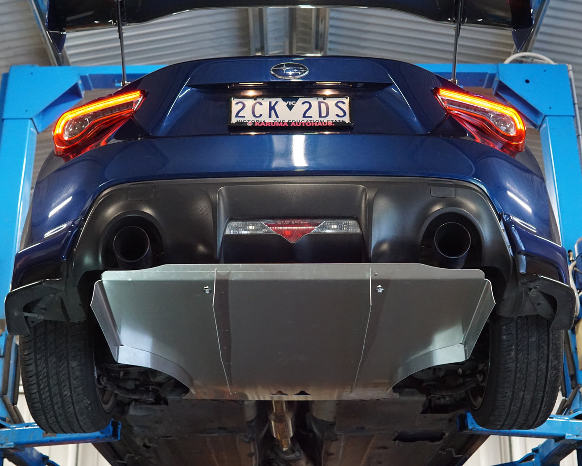 Toyota 86 rear undercarriage showing an aerocutt aluminium air diffuser fitted to increase aerodynamic performance