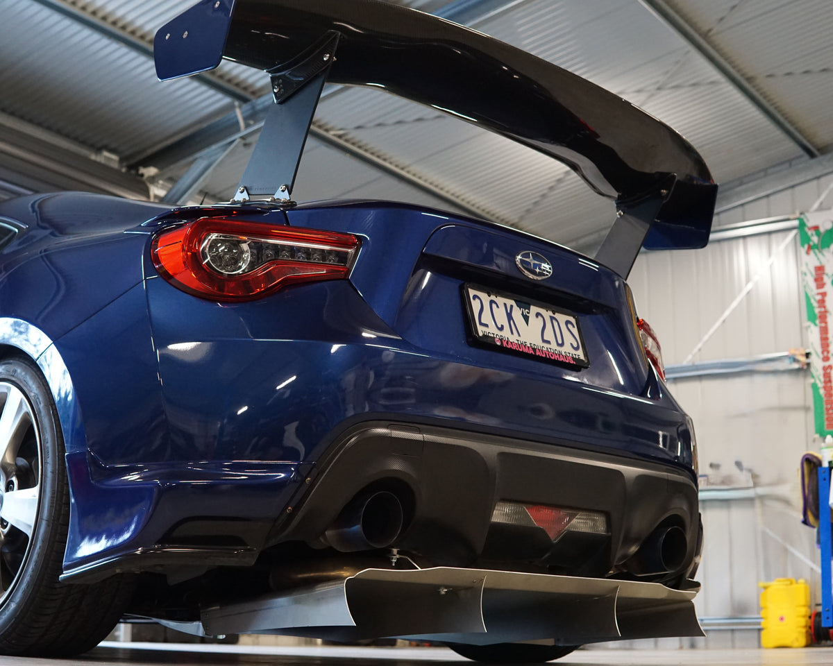 Subaru BRZ rear undercarriage showing an aerocutt aluminium air diffuser fitted to increase aerodynamic performance