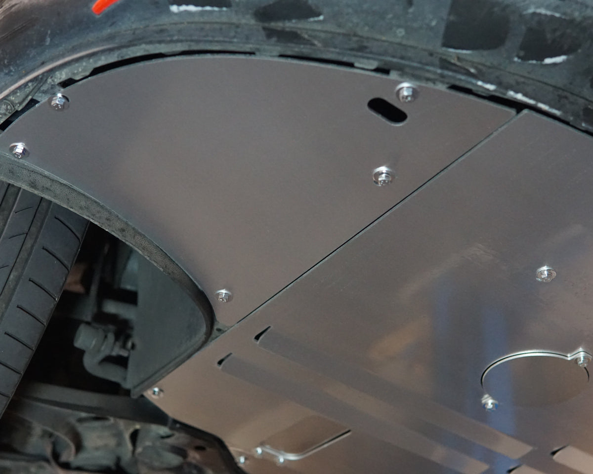 Hyundai i30N front undercarriage with an aluminium Aerocutt skid plate installed