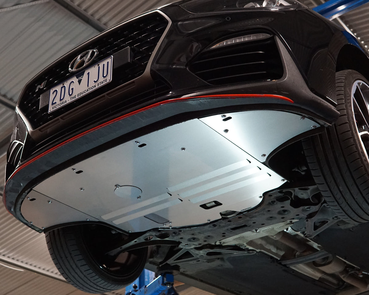 Hyundai i30 N performance PD front underside with an aluminium Aerocutt undertray installed