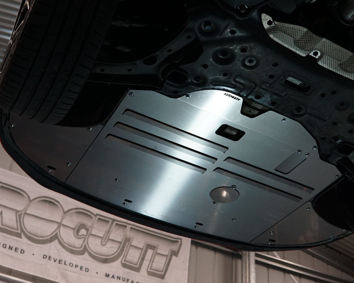 Hyundai i30 N performance PD front underneath with an aluminium Aerocutt skid plate installed